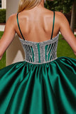 Sparkly Dark Green Satin Short Prom Dress with Rhinestones