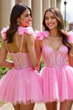 Sparkly Pink Sequin Corset Short Prom Dress with Bows