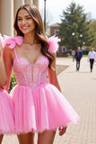 Sparkly Pink Sequin Corset Short Prom Dress with Bows