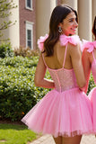 Sparkly Pink Sequin Corset Short Prom Dress with Bows