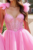 Sparkly Pink Sequin Corset Short Prom Dress with Bows