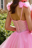 Sparkly Pink Sequin Corset Short Prom Dress with Bows