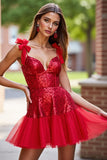 Sparkly Dark Red Corset Short Sequin Prom Dress with Bows