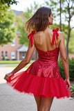 Sparkly Dark Red Corset Short Sequin Prom Dress with Bows