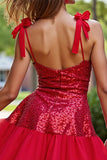 Sparkly Dark Red Corset Short Sequin Prom Dress with Bows