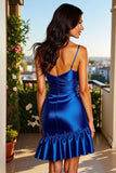 Royal Blue Satin Ruched Bodycon Short Prom Dress