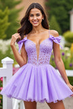 Lavender Tulle A Line Short Prom Dress with Bows