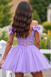 Lavender Tulle A Line Short Prom Dress with Bows