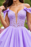 Lavender Tulle A Line Short Prom Dress with Bows