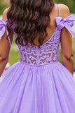 Lavender Tulle A Line Short Prom Dress with Bows