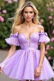 Lavender Tulle Ruffled Short Sleeves Corset Mini Prom Dress with Appliques