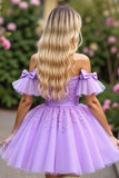 Lavender Tulle Ruffled Short Sleeves Corset Mini Prom Dress with Appliques