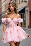 Floral Corset Blush Tulle Short Prom Dress with Appliques