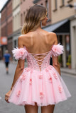 Floral Corset Blush Tulle Short Prom Dress with Appliques