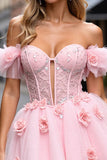 Floral Corset Blush Tulle Short Prom Dress with Appliques