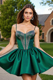 Dark Green Short Satin A Line Cocktail Dress with Beading