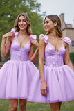 Deep V-Neck Corset Lilac Tulle Short Prom Dress with Appliques