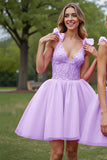 Deep V-Neck Corset Lilac Tulle Short Prom Dress with Appliques