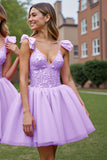 Deep V-Neck Corset Lilac Tulle Short Prom Dress with Appliques