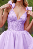 Deep V-Neck Corset Lilac Tulle Short Prom Dress with Appliques