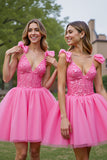 Deep V-Neck Corset Lilac Tulle Short Prom Dress with Appliques
