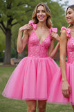 Deep V-Neck Corset Lilac Tulle Short Prom Dress with Appliques