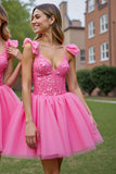 Deep V-Neck Corset Lilac Tulle Short Prom Dress with Appliques