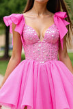 Sparkly Pink Corset Ruffled Short Prom Dress with Sequins
