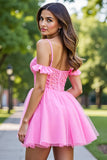 Ruffled Pink Corset Tulle Short Prom Dress with Appliques