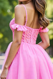 Ruffled Pink Corset Tulle Short Prom Dress with Appliques