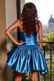 Satin Strapless A Line Blue Short Prom Dress