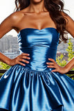 Satin Strapless A Line Blue Short Prom Dress