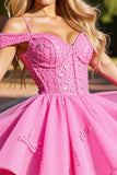 Pink Corset Cold Shoulder Short Prom Dress with Appliques