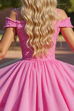 Pink Corset Cold Shoulder Short Prom Dress with Appliques