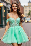 A Line Tulle Mint Green Cold Shoulder Short Prom Dress