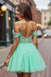 A Line Tulle Mint Green Cold Shoulder Short Prom Dress