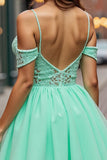 A Line Tulle Mint Green Cold Shoulder Short Prom Dress