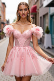 Floral Blush Short Corset Prom Dress with Appliques