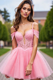 Corset Blush Tulle Cold Shoulder Short Prom Dress with Appliques