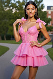 Ruffled Pink Corset Tiered Short Prom Dress with Bows
