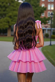 Ruffled Pink Corset Tiered Short Prom Dress with Bows