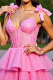 Ruffled Pink Corset Tiered Short Prom Dress with Bows