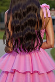 Ruffled Pink Corset Tiered Short Prom Dress with Bows