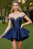 Satin Corset Navy Short Prom Dress with Appliques