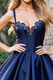 Satin Corset Navy Short Prom Dress with Appliques