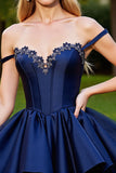 Satin Corset Navy Short Prom Dress with Appliques