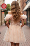 Champagne Corset Floral Short Prom Dress with Appliques