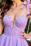Lavender Short Tulle Corset Short Prom Dress with Appliques