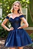 Navy Corset Short Prom Dress with Appliques