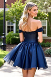 Navy Corset Short Prom Dress with Appliques